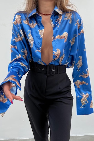 Madmext Mad Girls Leoparlı Mavi Saten Gömlek Mg187-mavi Mavi