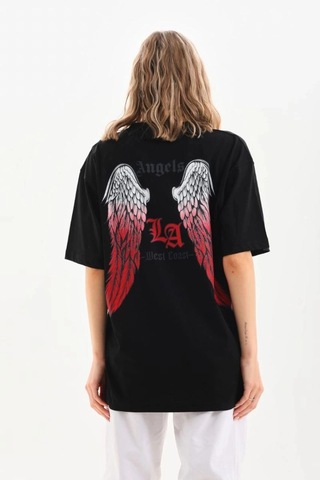 Freedom Storee Kadın Baskılı Tişört Kısa Kol Bisiklet Yaka Oversize T-shirt - Siyah Çok Renkli