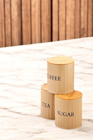 3 Lü Ahşap Kapaklı Metal Saklama Kutusu Çay Kahve Şeker Kavanoz Saklama Kabı Kahverengi