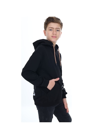 Toontoy Kids Toontoy Erkek Çocuk Oversize Kapüşonlu Cepli Düşük Omuz Baskılı Sweatshirt - 2 İplik Siyah
