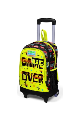 Coral High Kids Siyah Neon Sarı Game Over Desenli Üç Bölmeli Işıklı Tekerlekli Çekçekli Okul Sırt Çantası 23928