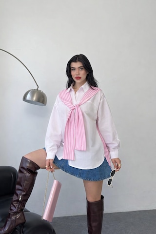 Ribana Kadın Atkı Detay Uzun Kollu Terry Cotton Çizgili Gömlek 3201 Pembe