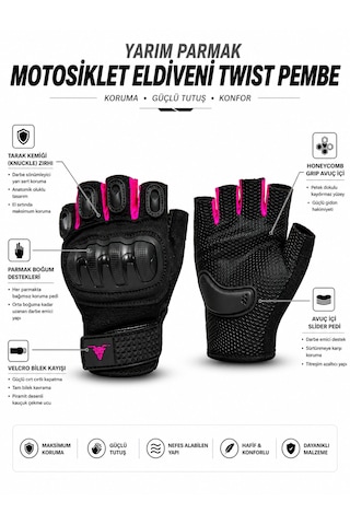 Motokit Twist Pembe / Yarım Parmak - Kaymaz Avuç İçi Kadın Motosiklet Eldiveni