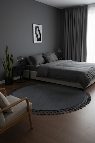 Comfort Yuvarlak Ponpon Saçaklı Peluş Halı Yatak Odası- Çocuk Odası- Antre- Yemek Odası Kaymaz Taban Antrasit