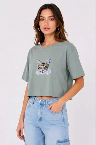Hazego Kedi Baskılı Oversize Crop Tişört Salaş Basic Yarım Kol T-shirt - Mint Yeşili