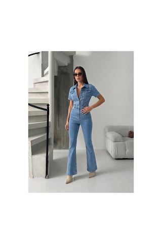 Bluemarlin Kısa Kol Buz Kar İspanyol Paça Likralı Denim Tulum Buz Kar