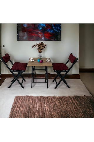 Modern Style Home Balkon Bahçe Mutfak 3'lü Bistro Set Katlanır 2 Sandalye 1 Masa Bordo