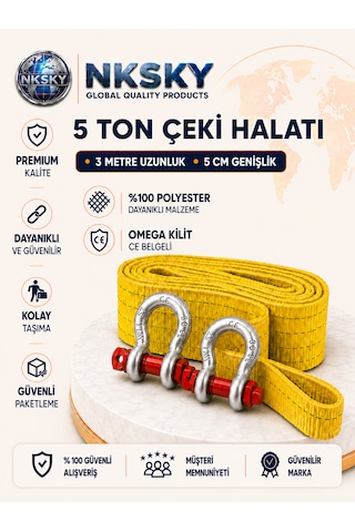 Nksky 5 Ton Araç Çekme Halatı 3 Metre 5 Cm Genişlik CE Belgeli Omega Kilitli Oto Çeki Halatı