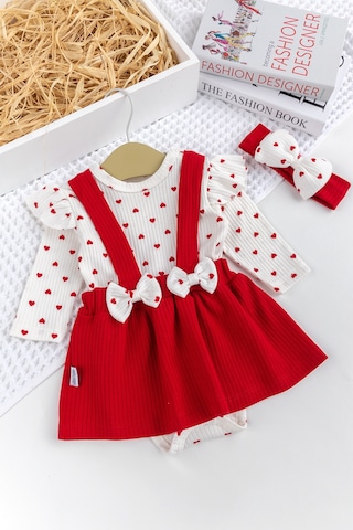 Babymod Kız Bebek Fiyonklu Bandanalı %100 Pamuk Şık Elbise Etek Jiledoğumgünü Özelgün Takım Kırmızı