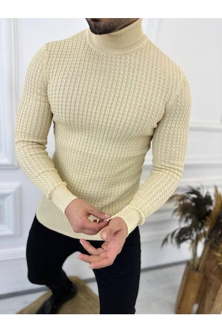 Kazak Slim Fit Tüylenmez Naturel Pamuk Triko Boğazlı Balıkçı Yaka Kazak Krem