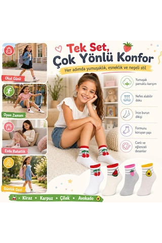 COjans Kız Çocuk Pamuklu 4'lü Meyve Desenli Çorap Kiraz Karpuz Çilek Avokado Günlük Bilek Çorabı Çok Renkli