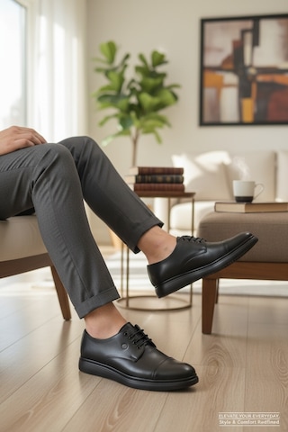 Enoch Deri Siyah Cap-toe Bağcıklı Ve Esnek Tabanlı Erkek Casual Ayakkabı Siyah