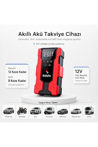 Solvis 4'ü 1 Arada 12v Akıllı Akü Takviye Cihazı, Lastik Şişirme Pompası, Powerbank Ve Led Aydınlatma Çanta Hediyeli