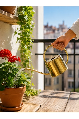Dekoratif Metal Sulama Kabı 0,90 Lt Uzun Borulu Bitki Sulama Kabı 34,5 Cm Gold