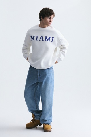 Vamos Miami Baskılı Bisiklet Yaka Sweatshirt Ekru