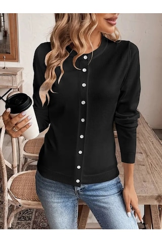 Kadın Uzun Kollu Önden Düğmeli Triko Ceket Siyah