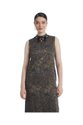 Serpil Exclusive Desenli Kadın Elbise Ceket Takım - Yakası Taş İşlemeli - Modern Ve Şık Tasarım - Davet Ve Özel Gün İçin Elbise CAMEL