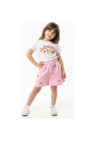 Toontoy Kids Toontoy Kız Çocuk 2'li Şortlu Takım Bisiklet Yaka Kısa Kollu Baskılı Tişört Beli Bağlamalı Baskılı Şort 25034 Ekru