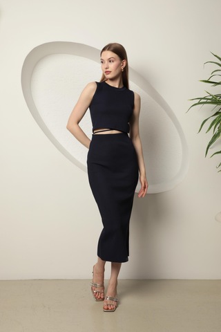 Chıcnhappy Triko Kumaş Croplu Etek Kadın Takım Lacivert - %100 Polyester Lacivert