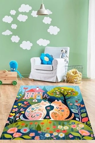 Çiçek Kediler Yıkanabilir Kaymaz Taban Leke Tutmaz Çocuk Odası Halısı Yeşil 100 X 400 Çok Renkli