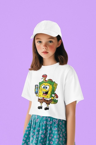 Sevbano Tasarım Süngerbob Baskılı Unisex Çizgi Film Çocuk Tişört 1-12 Ya Beyaz