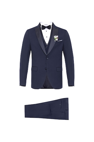 Süvari Lacivert Slim Fit Armürlü Sivri Yaka 6 Drop Smokin & Damatlık
