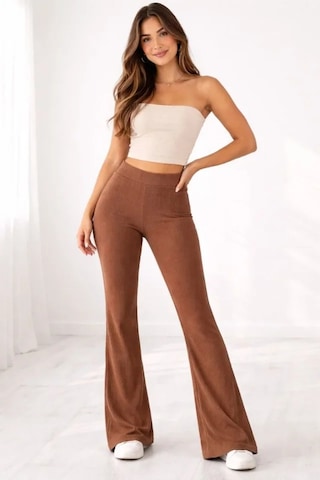 Defymoda Fitilli Kaşkorse İspanyol Paça Tayt Yüksek Bel Esnek Günlük Rahat Pantolon - Kahverengi Kahverengi