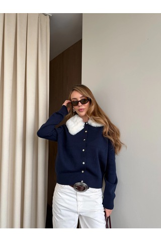 Laluvia Lacivert Yakası Kürklü Hırka - 261002 Lacivert