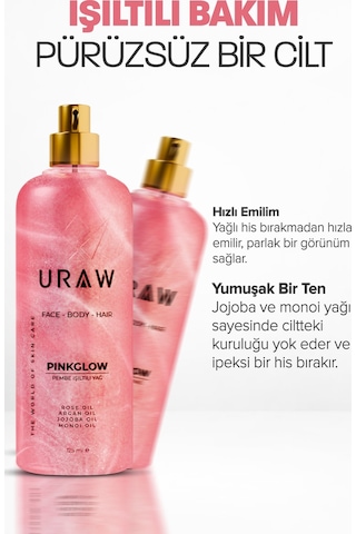 Uraw Pink Glow Yüz Vücut ve Saç İçin Işıltı Veren Bakım Yağı 125 ML