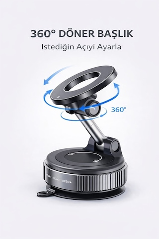 Araç Telefon Tutucu Manyetik Vakumlu Güçlü Tutuş 360 Döner Tek Elle Kullanım Torpido Uyumlu SİYAH,GRİ