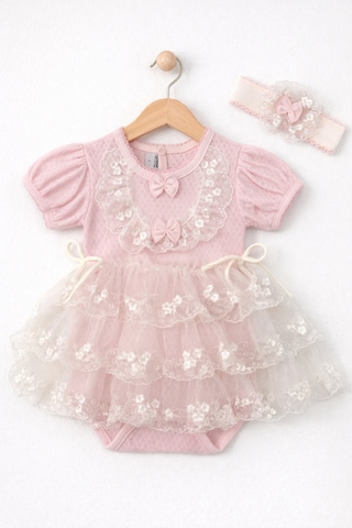 Kardeşler Bebe Tütü Etekli Dantelli Kız Bebek Body Takımı Saç Bantlı Pembe
