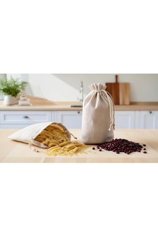 Organik Pamuklu Gıda Torbası 6'lı Set Mutfak İçin Doğa Dostu Meyve Sebze Ham Bez Kese Bej