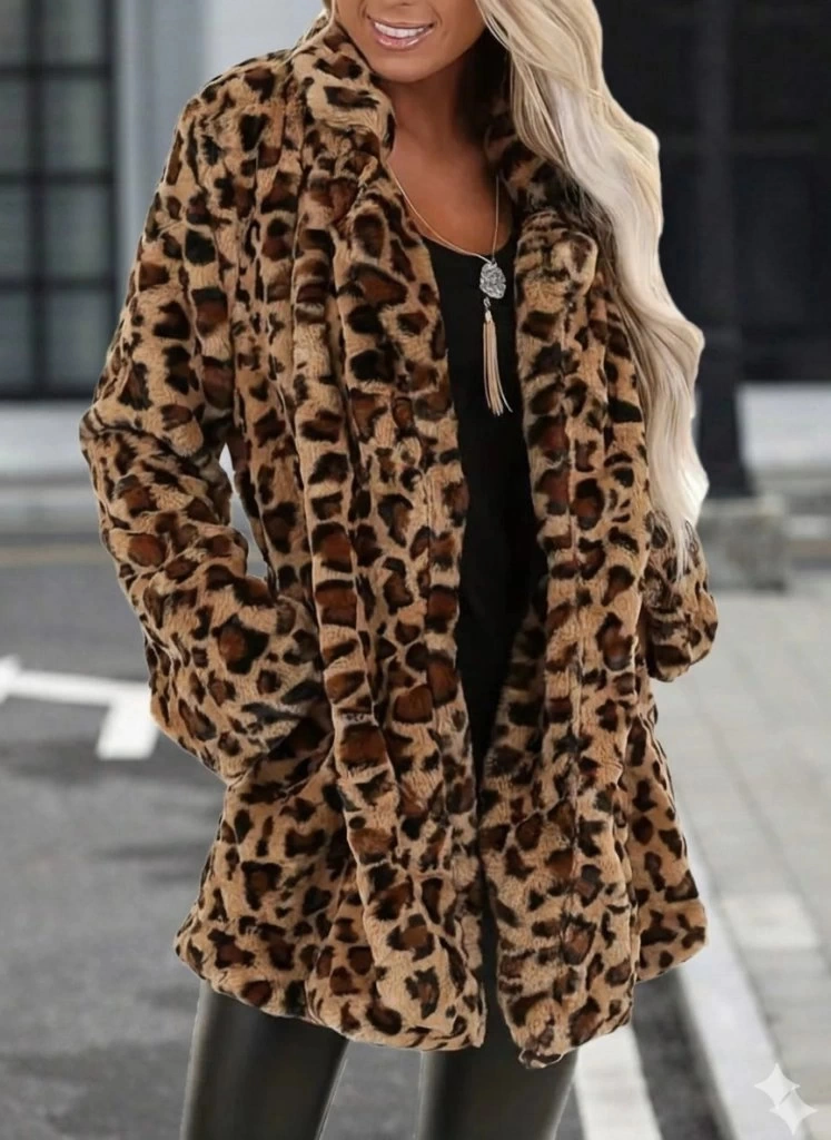 Kadın Uzun Kollu Yakalı Cepli Kısa Peluş Leopar Kaban Leopar