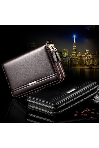 Sones Leınasen A80 Çoklu Kart Erkek El Çantası Çift Fermuarlı Büyük Kapasiteli Cüzdan Siyah