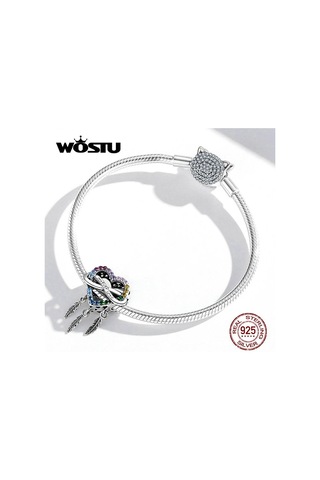 Wostu Açacağı Renkli Rhinestones Kalp Şeklinde Dreamcatcher 925 Ayar Gümüş Göz Alıcı Boncuk Fit Orijinal Bilezik Bileklik Dıy Güzel Takı Gümüş