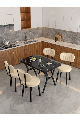 Azra 70x110cm Bendir Mutfak Masası, Mutfak Masası Takımı, Yemek Masası, 4 Krem Sandalye Krem