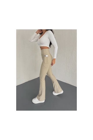 Gugus Kadın Yüksek Bel Toparlayıcı Çift Cepli Ispanyol Paça Tayt Bootcut/push Up Bej