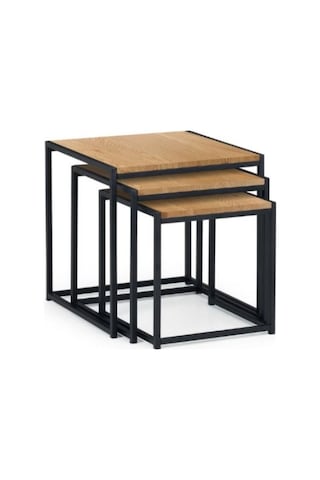 Chev 3'lü Retro Metal Doğal Ahşap Zigon Sehpa Siyah