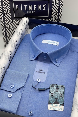 Erkek Slim Fit Uzun Kol Pamuklu Hediye Kutulu Gömlek - Saks Mavi Saks