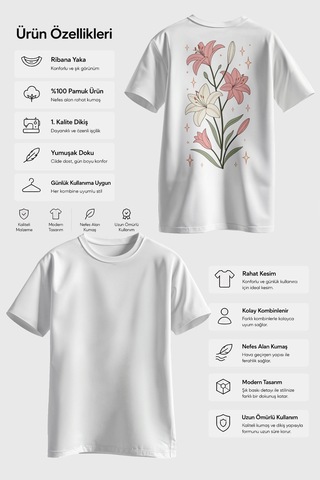 Spoyi Soft Lily Tasarımlı %100 Pamuk Yarım Oversize Beyaz T-shirt