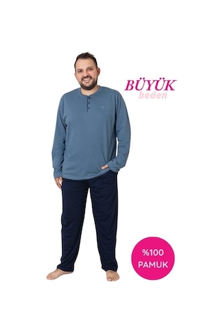 Erkek Füme Lacivert Büyük Beden 3 Düğmeli %100 Pamuk Mevsimlik Uzun Kol Cepli Pijama Takımı Füme