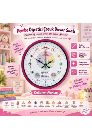 Almira Duvar Saati Pembe Öğretici 36 X 36 Cm Çocuk Duvar Saati