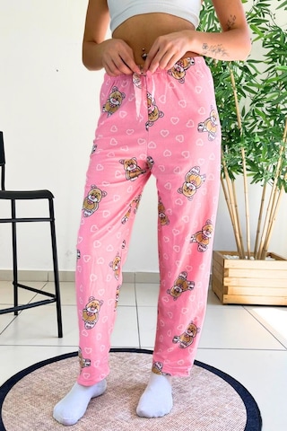 Dreamy Soft Kadife Dokulu Ayıcık Desenli Süet Pijama Altı Pantolon Pembe