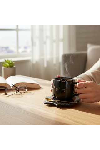 Tatlı Kedi Tasarımlı Kupa Bardak Siyah