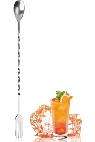 Burgulu Çatallı Bar Kaşığı 33 Cm Kokteyl Karıştırma Kaşığı & Cam Pipet Seti Gümüş