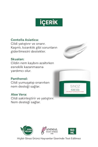 Sinoz Pure Cica Tahriş Olmuş Hasarlı Ciltlere Özel Bakım Kremi 50 ML