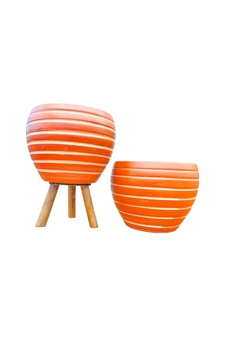 Bitki Tasarımı Yan Çizgi Terrakota Toprak Saksı Saksılık Salon Çiçeklik İkili Set Ayaksız - 3 Ayaklı- 15 Cm
