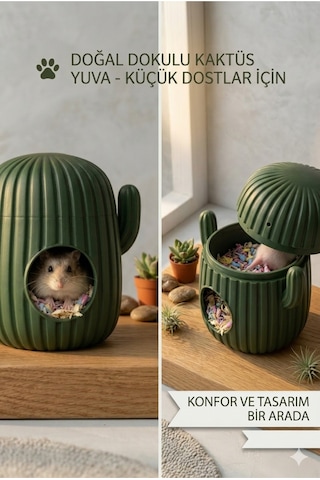 Hamster Evi - Kaktüs Tasarımlı Konforlu Kemirgen Yuvası Dekoratif Kafes İçi Küçük Hayvan Evi