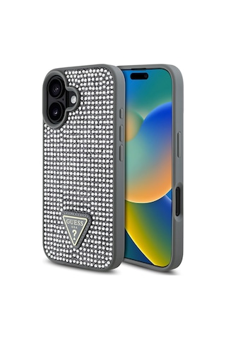 Apple Uyumlu iPhone 16 Plus Kılıf Guess Lisanslı Üçgen Logolu Taşlı Kapak Gümüş