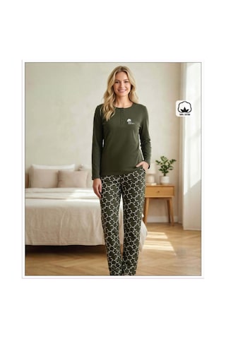 Melodi Kadın Standart Kalıp %100 Pamuk Düğmeli Yaka Uzun Kollu Baharlık Pijama Takımı 16231 - 1 Adet Haki